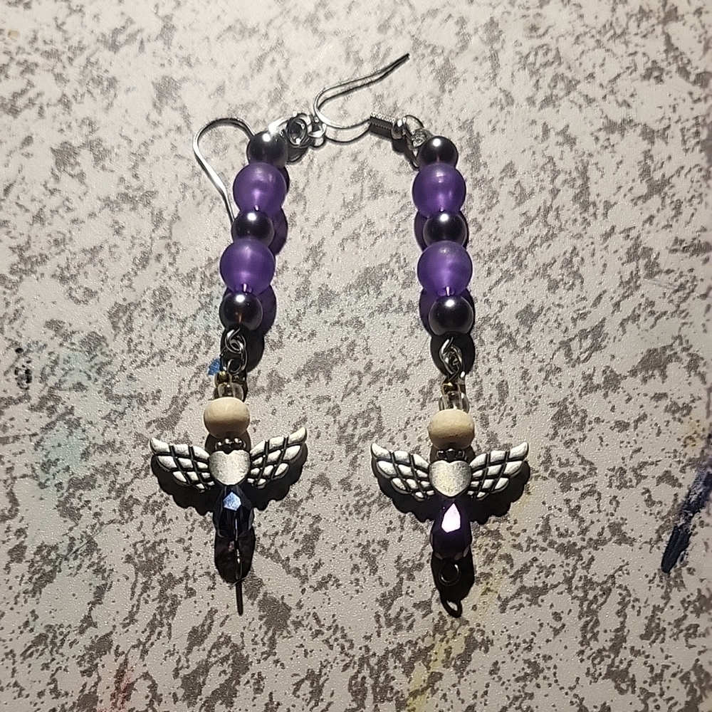 Silver and Purple Angel Wing Earrings